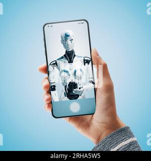 AI virtual assistant humanoid robot on smartphone screen talking and helping with tasks Stock Photo