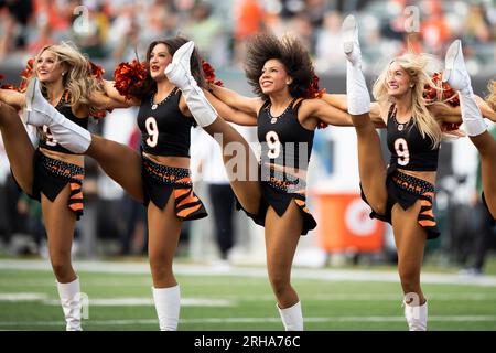 A member of the Washington Commanders cheerleaders performing on the field  during the second half of an NFL preseason football game against the  Cincinnati Bengals, Saturday, Aug. 26, 2023, in Landover, Md. (