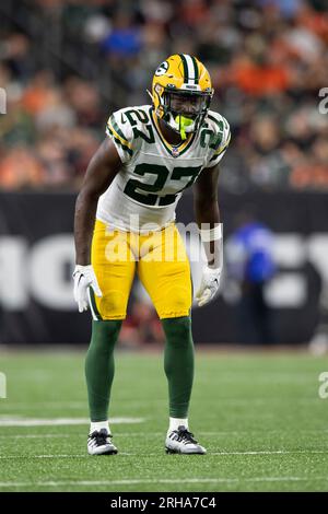 Green Bay Packers cornerback William Hooper (27) lines up for the play  during a preseason NFL football game against the Cincinnati Bengals on  Friday, Aug. 11, 2023, in Cincinnati. (AP Photo/Emilee Chinn