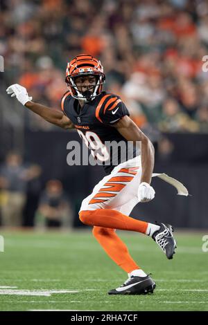 Cincinnati Bengals cornerback DJ Ivey (38) lines up during the first half  of an NFL preseason football game against the Atlanta Falcons, Friday, Aug.  18, 2023, in Atlanta. The Cincinnati Bengals and