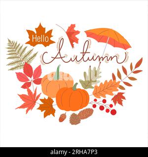 hello autumn seasonal decorated with set of design elements flat stylised vector illustration Stock Vector