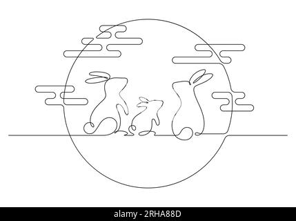 rabbit family celebrate mid autumn festival in one line drawing vector illustration Stock Vector