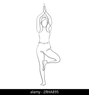 woman doing tree yoga pose healthy exercising in continuous line drawing calligraphic lined minimalist concept Stock Vector