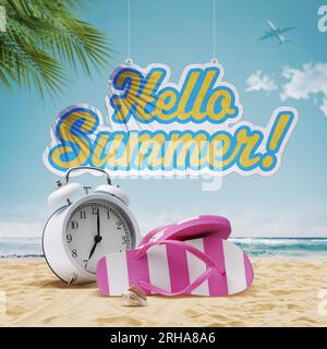 Hello Summer hanging sign, alarm clock and flip-flops on the beach Stock Photo