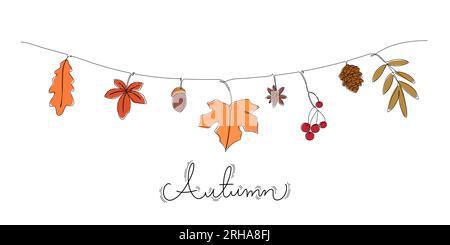 continuous line drawing colored of autumn leaves hello autumn concept minimalist wall decorated rope string hanging Stock Vector