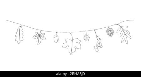 one line drawing of autumn leaves hello autumn concept minimalist wall decorated rope string hanging Stock Vector