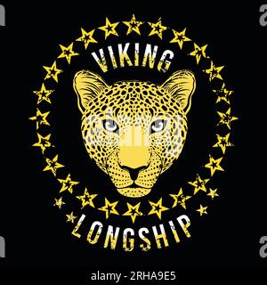 viking longship. Leopard head t-shirt design surrounded by stars on a black background. Stock Vector