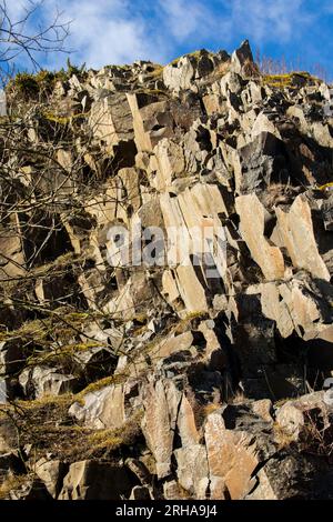Close up of the quarried dolerite rocks of the Whin Sill at Walltown Crags Country Park, Hadrian's Wall, Northumberland Stock Photo