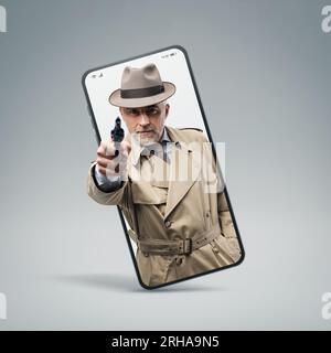 Retro spy agent pointing a gun, he is wearing a trench coat and a hat ...