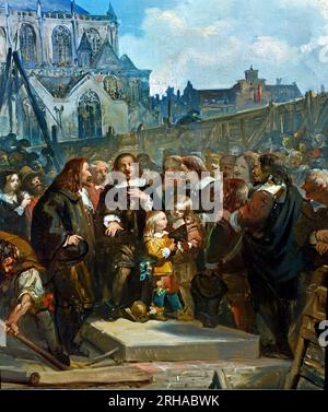 Foundation Stone of Amsterdam City Hall 1854-1862 by Barend Wijnveld Dutch, The Netherlands, Holland. Jacob de Graeff laid the foundation stone for the new city hall on the Dam in 1648, painted by Barend Wijnveld Jr. (19th century) Stock Photo