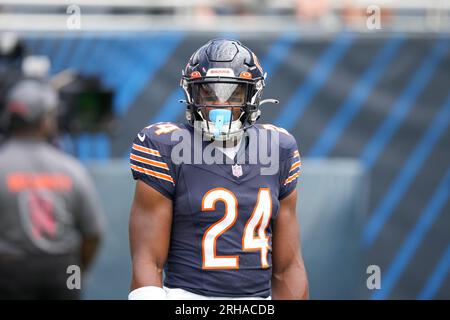 Chicago Bears' Khalil Herbert heads to the end zone for a touchdown in an  NFL preseason football game against the Tennessee Titans Saturday, August  12, 2023, in Chicago. (AP Photo/Charles Rex Arbogast