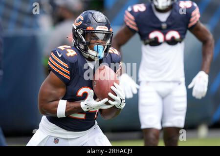 Chicago Bears' Khalil Herbert heads to the end zone for a touchdown in an  NFL preseason football game against the Tennessee Titans Saturday, August  12, 2023, in Chicago. (AP Photo/Charles Rex Arbogast