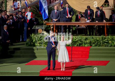 Paraguay, Asunción: 15 August 2023,  Santiago Peña (l) and his wife Leticia Ocampos wave after Peña was sworn in as the new president of Paraguay. Photo: Nathalia Aguilar/dpa Stock Photo