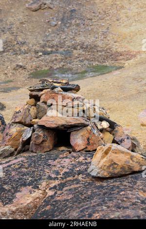 Greenland, Uummannaq Bay, Akulleq. HIstoric stone fox trap, thought to be Thule culture, about 500 years old. Stock Photo