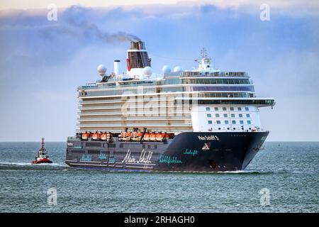 Mein Schiff 3 is a cruise ship operated by TUI Cruises, pictured approaching Portsmouth, becoming the largest ever vessel to use the harbour. Stock Photo