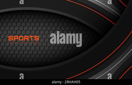 Dark gray abstract sports vector background with hexagon carbon fiber and orange lines. Futuristic modern sporty gaming banner. Vector illustration. Stock Vector