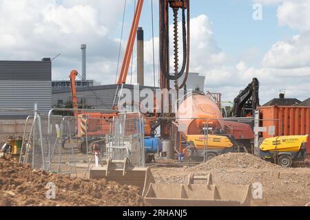 Slough, Berkshire, UK. 15th August, 2023. The former Sainsbury's Supermarket on the Farnham Road in Slough has been demolished and construction for another Big Yellow Self Storage site is now underway there. Credit: Maureen McLean/Alamy Live News Stock Photo