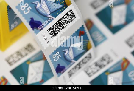Viersen, Germany - June 9. 2023: Closeup of german stamps with postage price for letter delivery Stock Photo