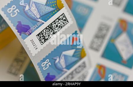Viersen, Germany - June 9. 2023: Closeup of german stamps with postage price for letter delivery Stock Photo
