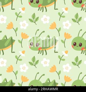 Seamless pattern of grasshopper, flowers and green leaf on green background vector illustration. Stock Vector