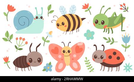 Cute insects set. Butterfly, ant, ladybug, bee, snail, grasshopper. Vector illustration isolated on white background Stock Vector