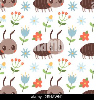 Seamless pattern of ant, red blue flowers and green leaf on white background vector illustration. Stock Vector