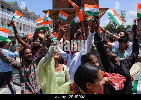 Srinagar, India. 15th Aug, 2023. August 15, 2023, Srinagar Kashmir, India : Non Locals dance during India's 77th Independence Day celebrations in Srinagar. On August 15, 2023 in Srinagar Kashmir, India. (Photo By Firdous Nazir/Eyepix Group) Credit: Eyepix Group/Alamy Live News Stock Photo