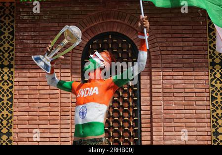 Srinagar, India. 15th Aug, 2023. August 15, 2023, Srinagar Kashmir, India : A supporter of Akhil Bharatiya Vidyarthi Parishad (ABVP) shout pro-India slogans during India's 77th Independence Day celebrations in Srinagar. On August 15, 2023 in Srinagar Kashmir, India. (Photo By Firdous Nazir/Eyepix Group) Credit: Eyepix Group/Alamy Live News Stock Photo