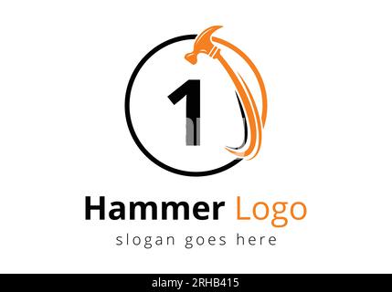 Letter 1 Hammer Logo Concept For Construction, Woodworking Company Repair Symbol Vector Template.  Modern vector logo for construction business, and c Stock Vector