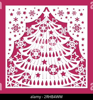 Christmas composition with Christmas tree and snowflakes. Template for laser cutting of paper, cardboard, wood, metal. For decorating Christmas cards, Stock Vector