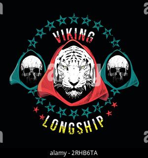 Viking longship. Design for tiger shirt and two hooded skulls surrounded by stars. Vector illustration in fantastic and medieval style. Stock Vector
