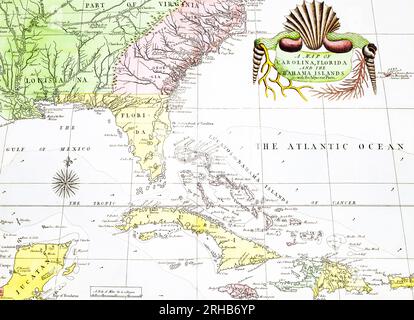A map of Carolina, Florida and the Bahama Islands with the adjacent parts from The Natural History of Carolina, Florida, and the Bahama Islands  by Ma Stock Photo