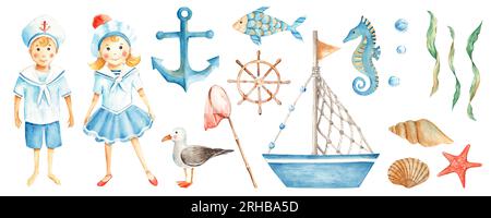 Watercolor illustration, set of the fishing, wooden boat, fish carp,  paddle, pike, fishing rod, perch and stones, bucket and reed. For designers  Stock Photo - Alamy