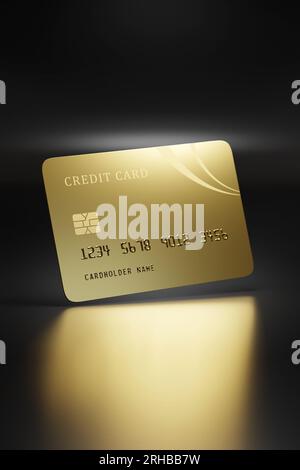 Golden credit card with on dark background. 3d illustration. Stock Photo