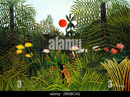 Henri Rousseau's Virgin Forest with Sunset  famous painting. Original from the Kunstmuseum Basel Museum. Stock Photo