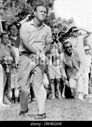 Newtown Square, Pennsylvania:  July 17, 1962 Professional golfer Arnold Palmer winces as he comes from the rough on the second green at the PGA tournament at the Aronimink Golf Club. Stock Photo