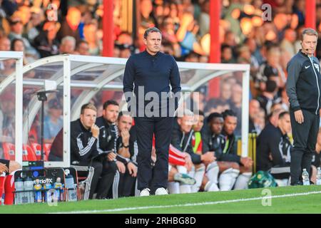 Cleethorpes, UK. 15th Aug, 2023. Grimsby Town Manager Paul Hurst during the Grimsby Town FC vs Salford City FC Sky Bet League 2 match at Blundell Park, Cleethorpes, United Kingdom on 15 August 2023 Credit: Every Second Media/Alamy Live News Stock Photo