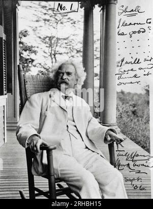 Dublin, New Hampshire:  September, 1906 A portrait of author Mark Twain in a rocking chair on a porch with his comments on the side. Stock Photo
