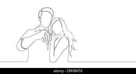 Continuous line drawing of couple being happy holding key after buying home or car. One line drawing vector illustration isolated on white background. Stock Vector