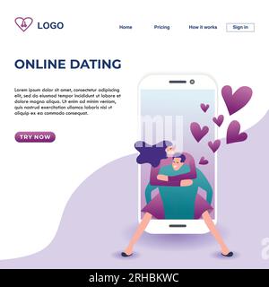 Online dating landing page design vector illustration with romantic couple modern technology style on mobile phone futuristic concept with sample text Stock Vector