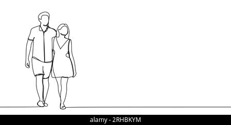 Romantic couple vector illustration. One continuous line art drawing isolated on white background. Stock Vector