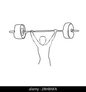 drawing of a continuous line of weightlifting exercise. Stock Vector