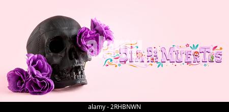 Banner for Mexico's Day of the Dead (El Dia de Muertos) with human skull and flowers Stock Photo