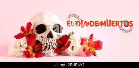 Banner for Mexico's Day of the Dead (El Dia de Muertos) with human skull and flowers Stock Photo