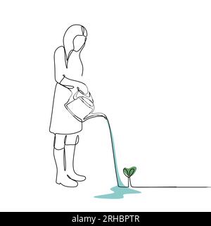 continuous line drawing of a woman watering a plant Stock Vector Image ...