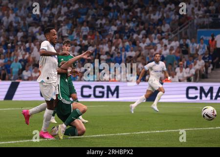 Marseille, 15th August 2023. Pierre-Emerick Aubameyang of Olympique De Marseille scores his second goal to give the side a 2-0 lead during the UEFA Champions League Third Qualifying Round 2nd Leg match at Stade de Marseille, Marseille. Picture credit should read: Jonathan Moscrop/Sportimage Credit: Sportimage Ltd/Alamy Live News Stock Photo