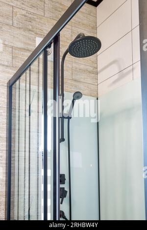 Interior with modern shower cabin in loft style closeup Stock Photo