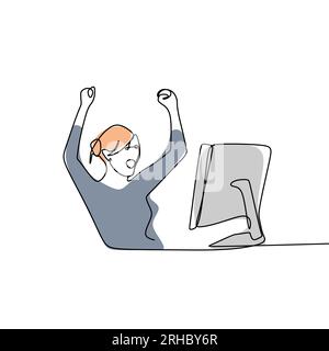 continuous line drawing of female employees successfully completing their work. Stock Vector