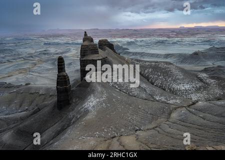 Storm clouds over Badlands landscape, Utah, USA Stock Photo