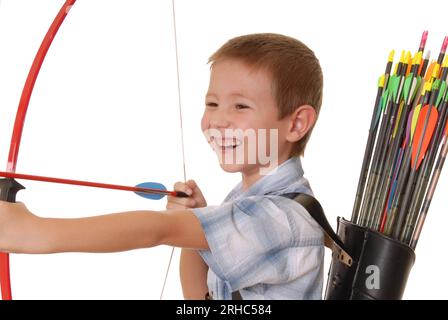 Young Boy with Bow and Arrows isolated over white Stock Photo